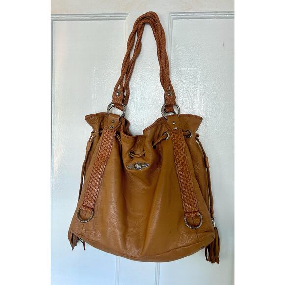 Vintage Y2K Cinched Tan Leather Shoulder Purse with Tassel - Picture 1 of 9